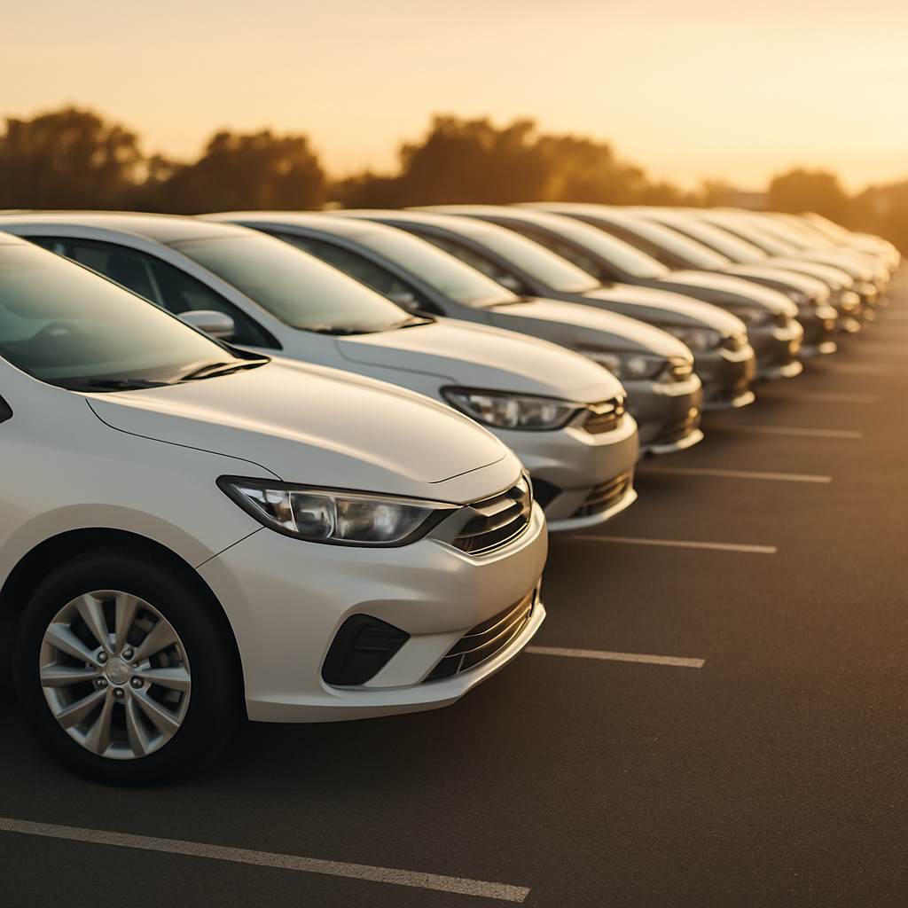 A modern fleet of rental vehicles at golden hour